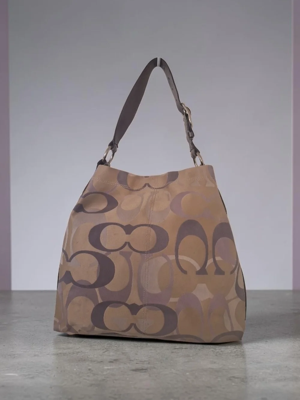 Coach Signature Canvas Shoulder Tote in Taupe and Light Purple